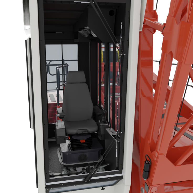Empty operator cabin with gray seat and controls inside red industrial machinery structure.