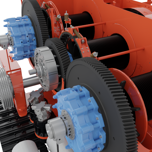 Close-up of a red industrial winch section showing gears, spools with black cables, and blue mechanical parts.
