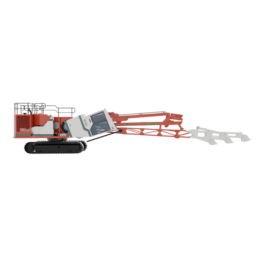 Side view of a tracked construction machine with an extended arm and white and orange parts.