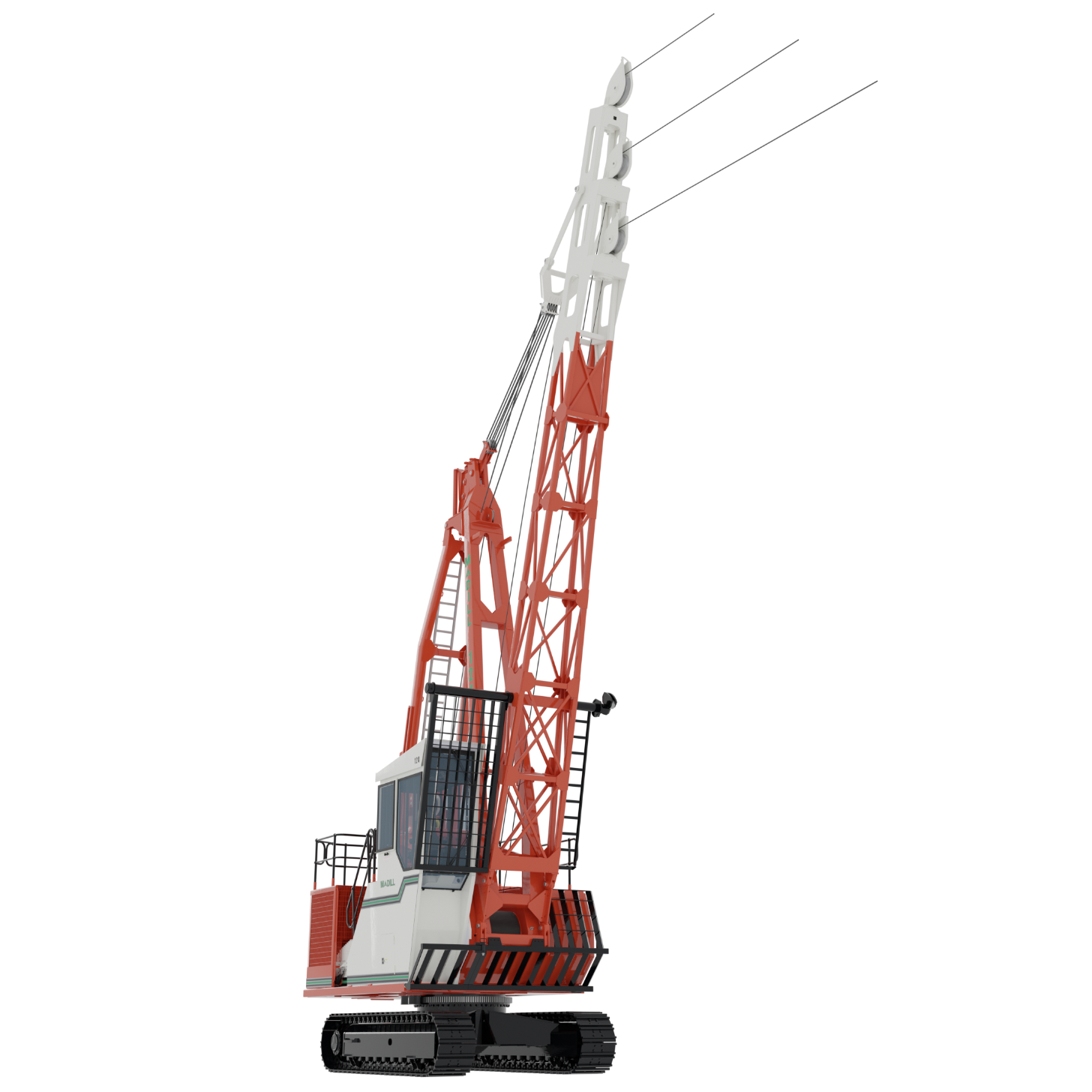 Red and white crawler crane with lattice boom and operator cabin on tracks.