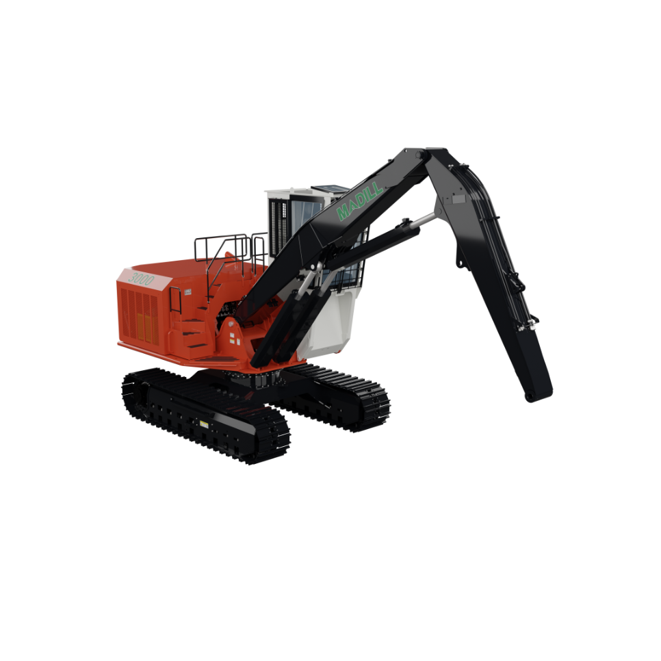 Orange and black Madill 3000 tracked material handler with extended arm and enclosed cab.