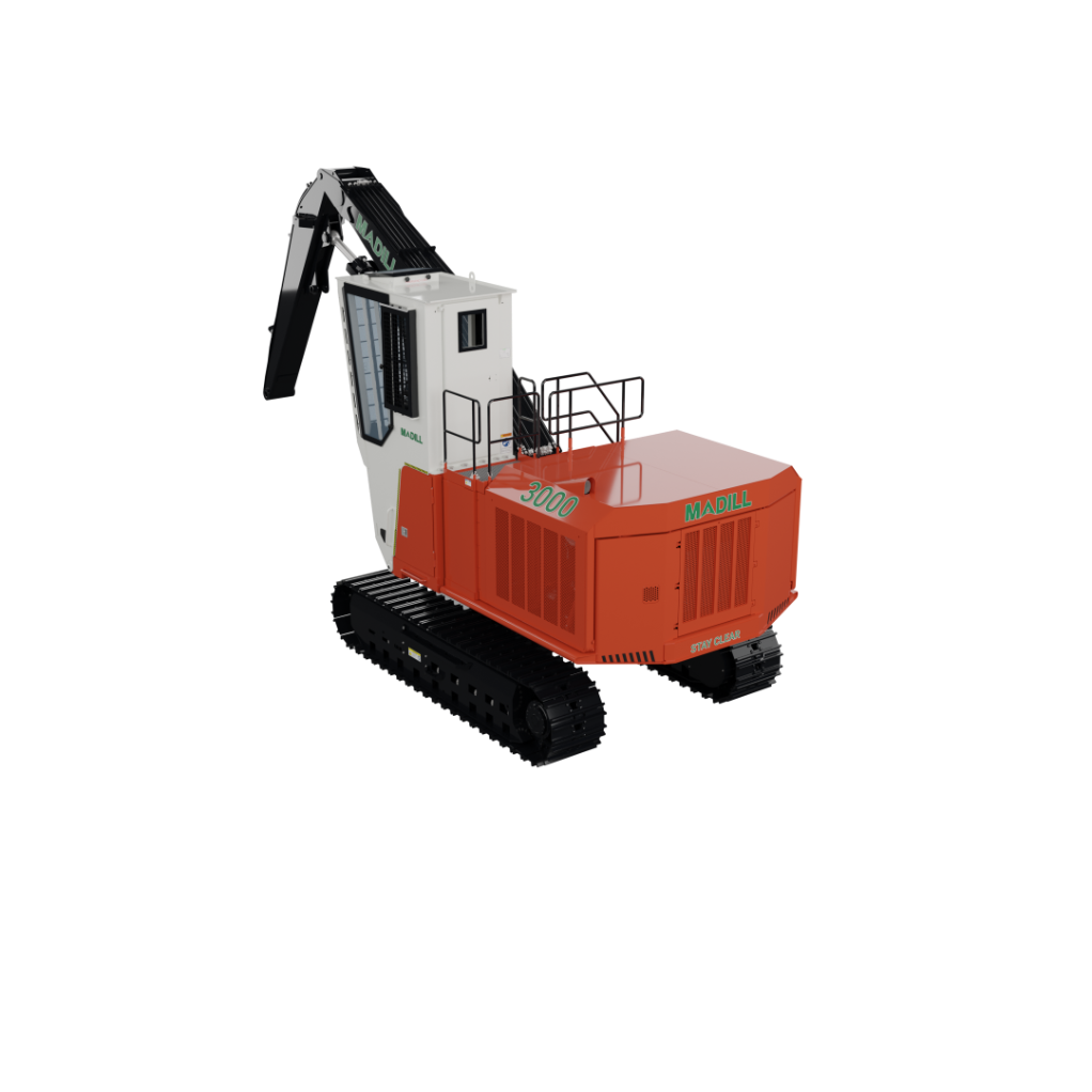 Orange and white Madill 3000 heavy-duty crawler crane with black tracks on a black background.