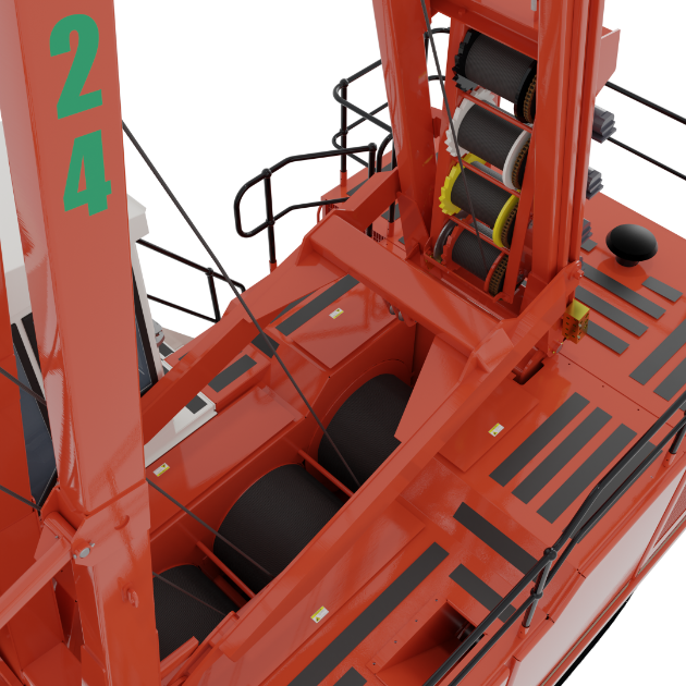 Close-up of a red industrial crane's drum system with cables and the number 24 on the side.