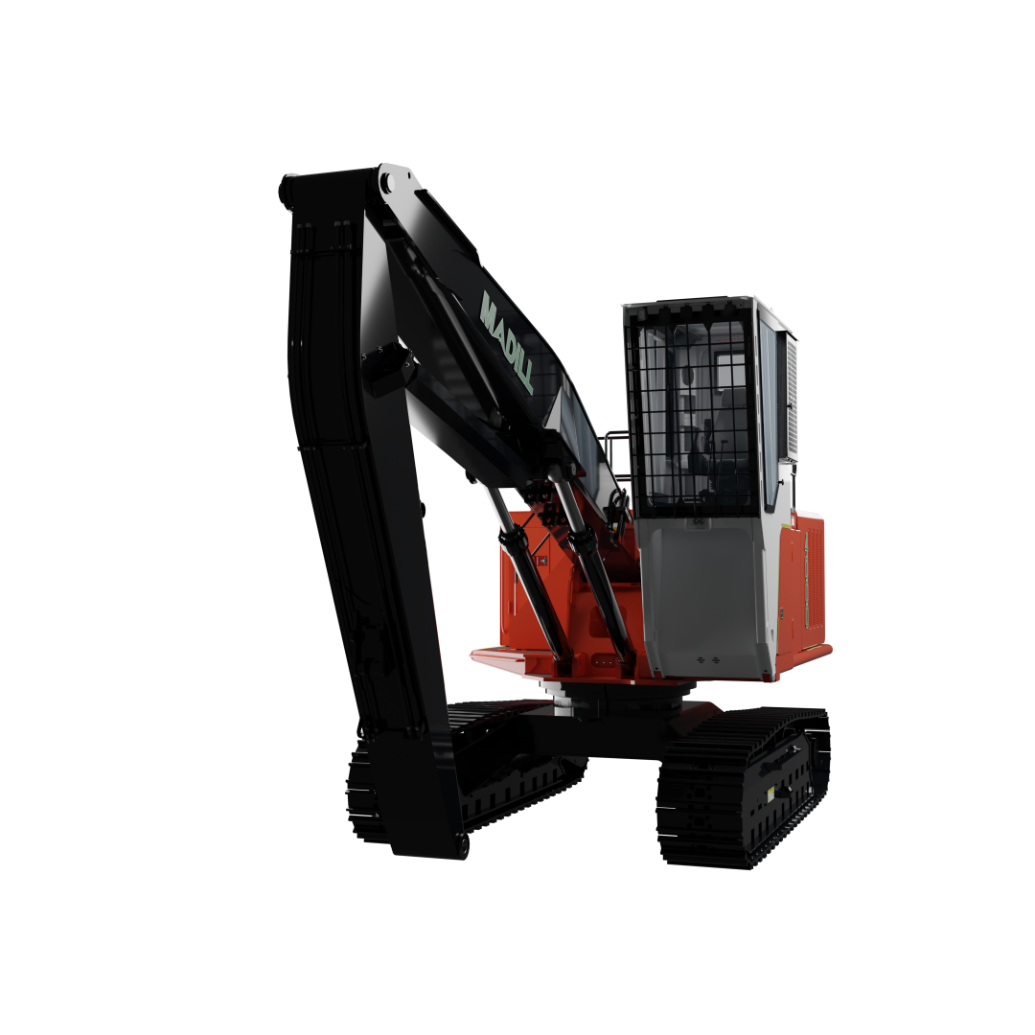 Red and white excavator with black arm and treads on a black background.