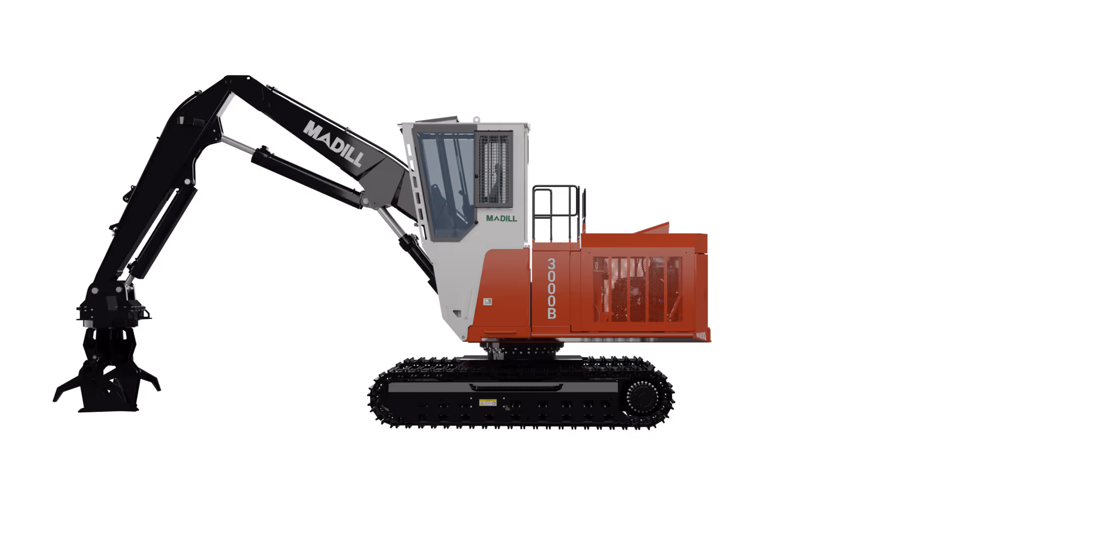 Side view of Madill 3000B heavy-duty excavator with tracked wheels and extended arm.