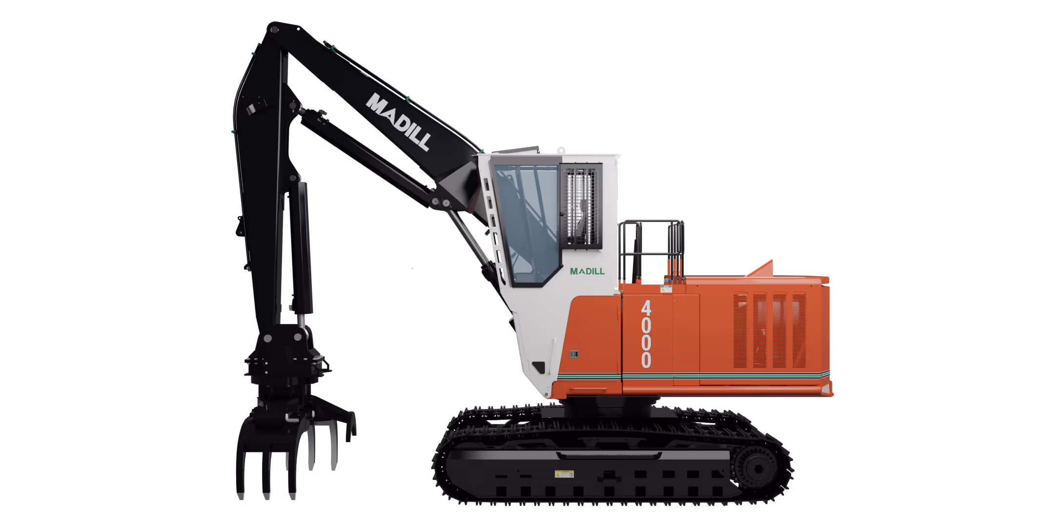 Side view of a MADILL 4000 model orange and white tracked industrial excavator with a claw attachment.