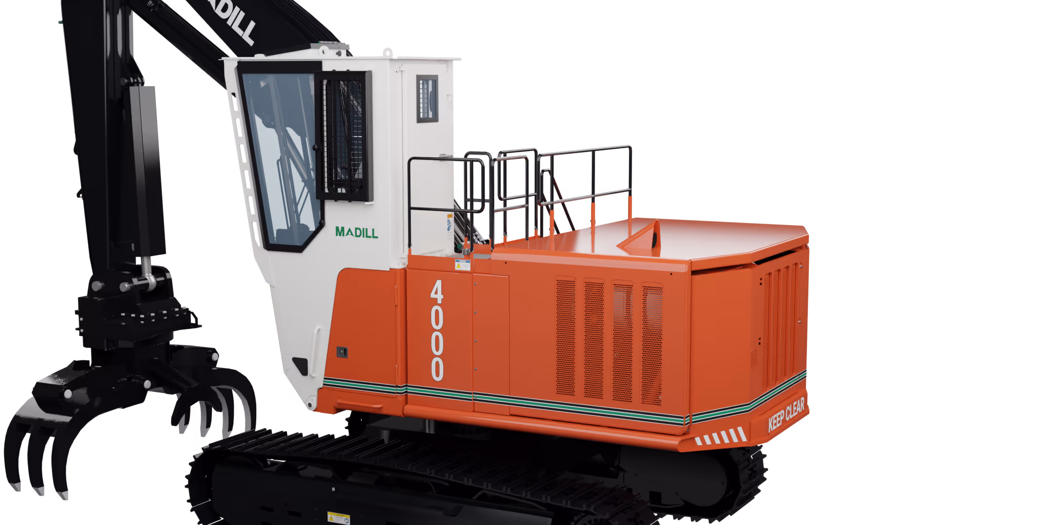 Madill 4000 heavy tracked orange and white industrial machine with claw attachment.