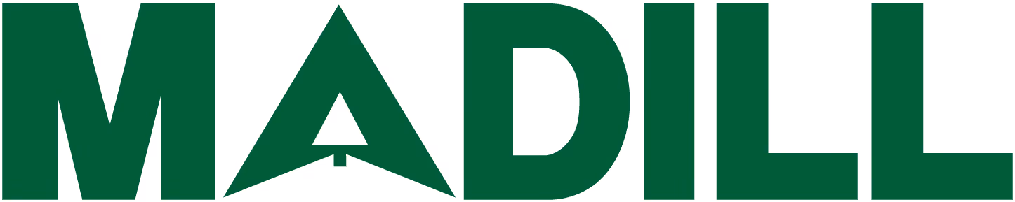 Green uppercase text spelling MADILL with stylized A resembling a pine tree.