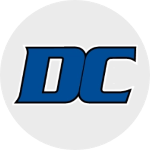 DC logo with blue letters outlined in black on a gray circular background.