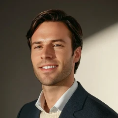 Smiling young man with dark hair wearing a navy blazer and white shirt against a neutral background.