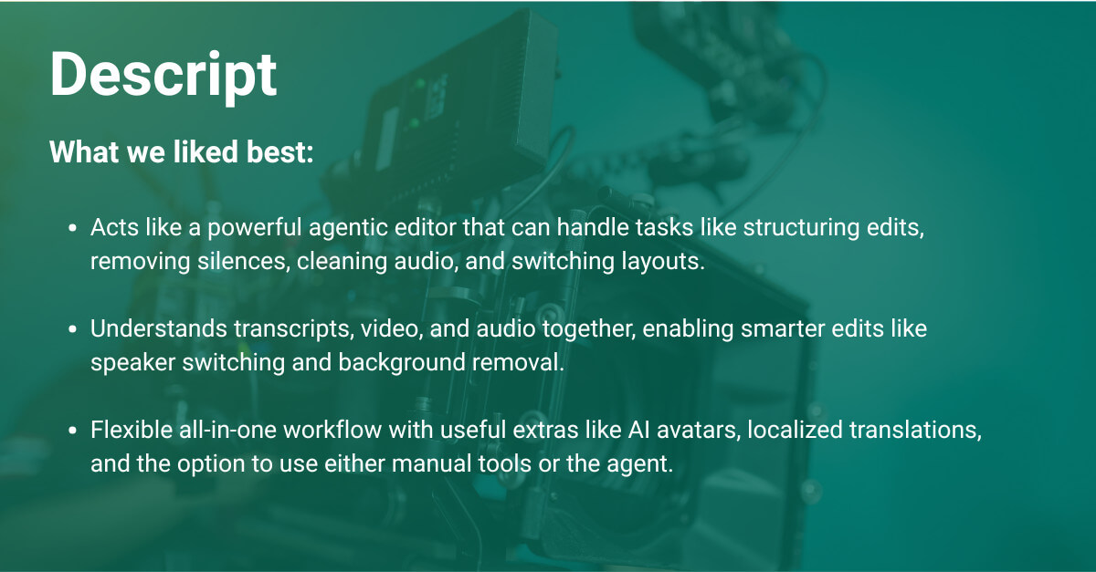 Riverside AI video editor features: 4K recording, flexible editing, comprehensive AI toolkit. #AIVideoEditor