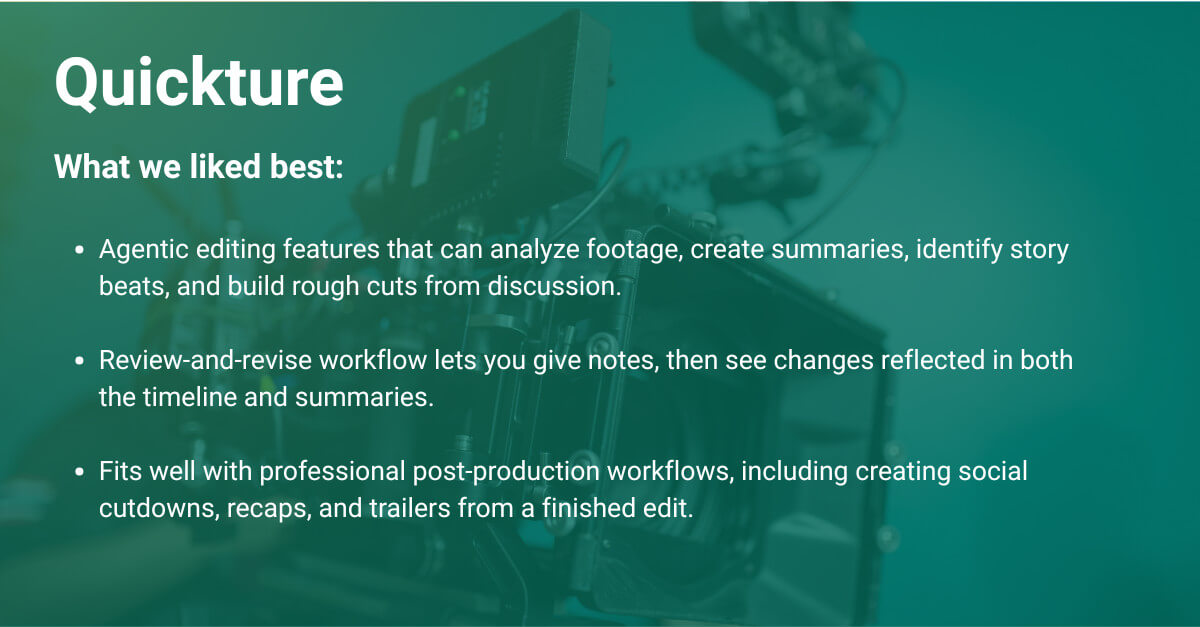 Eddie AI: AI video editor features for logging footage, metadata, rough cuts and story-based edits from prompts.