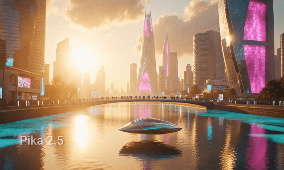 Pika 2.5 AI video generator showing futuristic city. Best AI video tools comparison for 2026.
