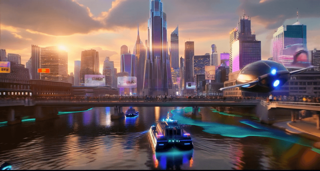 Runway AI video generator: Futuristic city skyline with flying vehicles and river traffic, showcasing AI's creative potential.