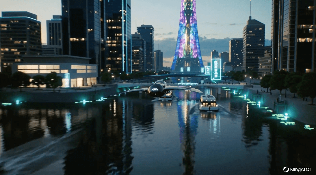 Kling-01 AI video generator: Futuristic cityscape view with a sleek aircraft and boats on a river.