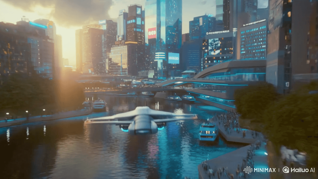 Hailou AI video generator futuristic city with flying vehicle over water, part of the best AI video tools comparison.