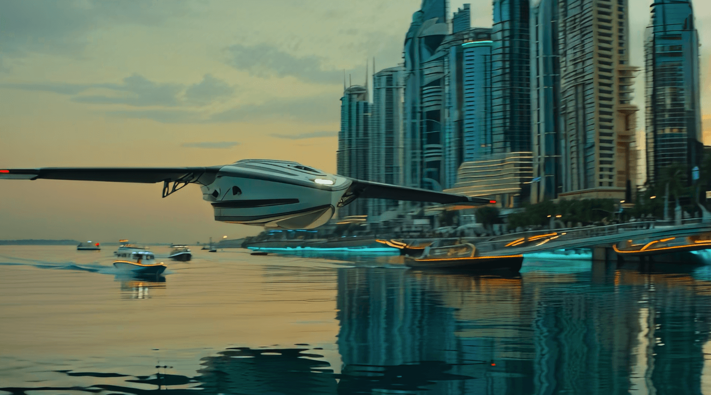 AI video generator Ray-3-HDR: Futuristic craft soars over water near a city skyline. AI video 2026.