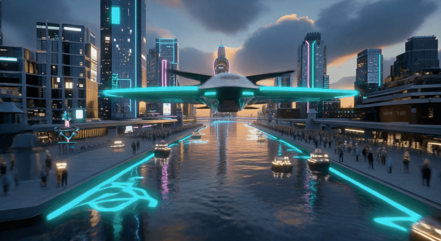 Adobe Firefly AI video generator concept showing futuristic city and flying vehicle. AI video tools comparison.