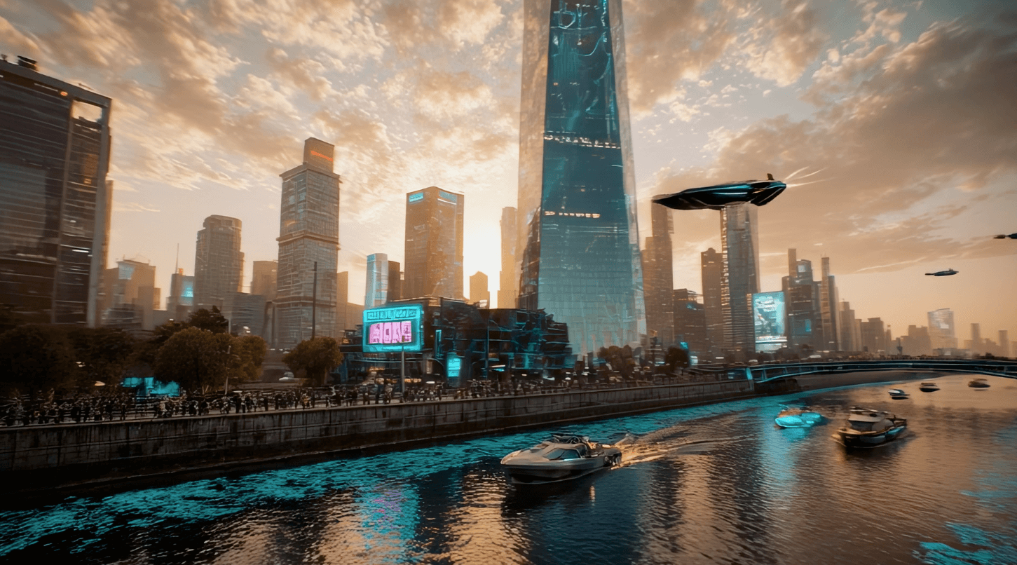 AI Video Generator futuristic city: skyscrapers, flying vehicles, river with boats. Ray-3.png visual for 2026 AI tools comparison.