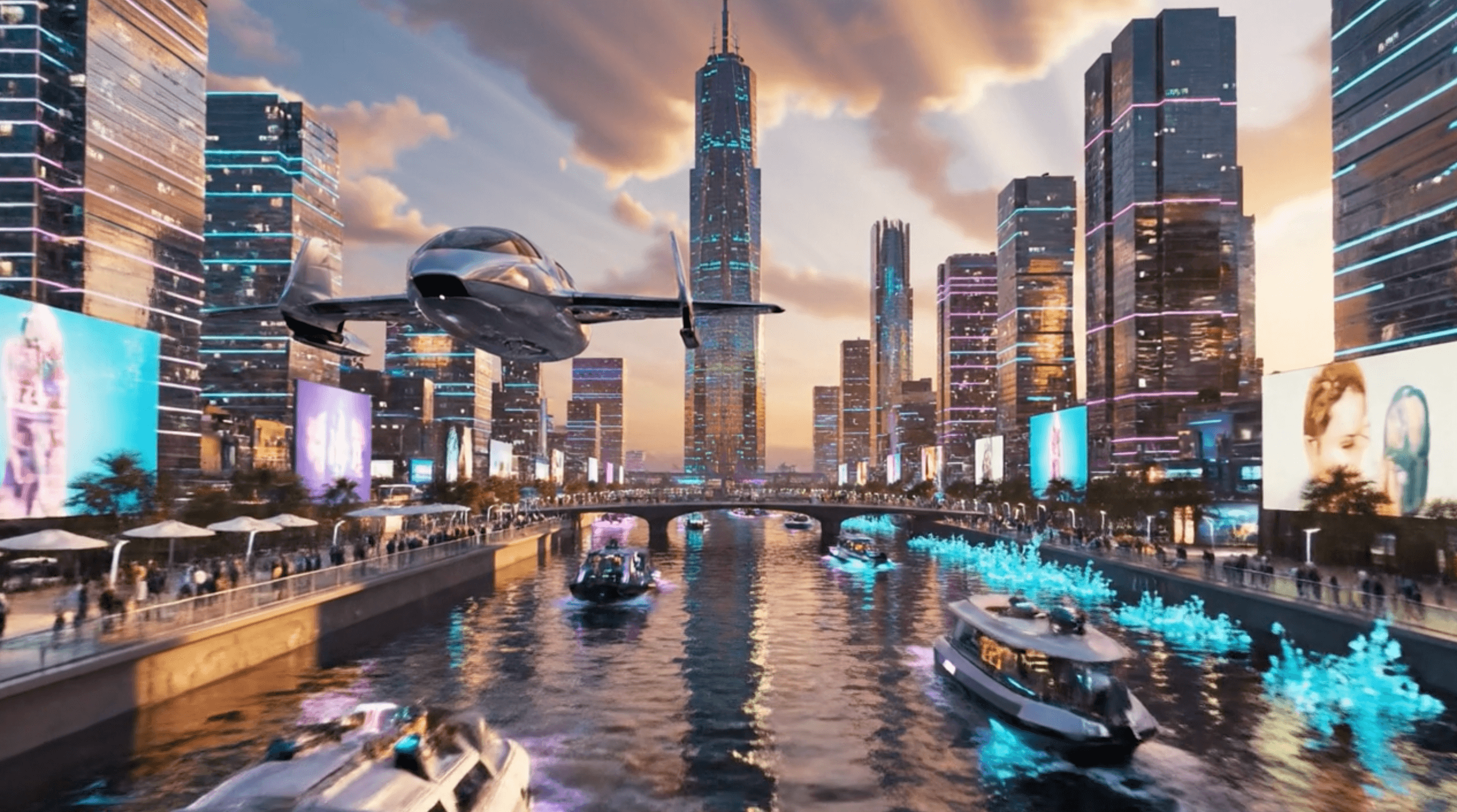 Veo-3: Futuristic city with flying vehicle, river, and modern buildings. AI video generator concept.