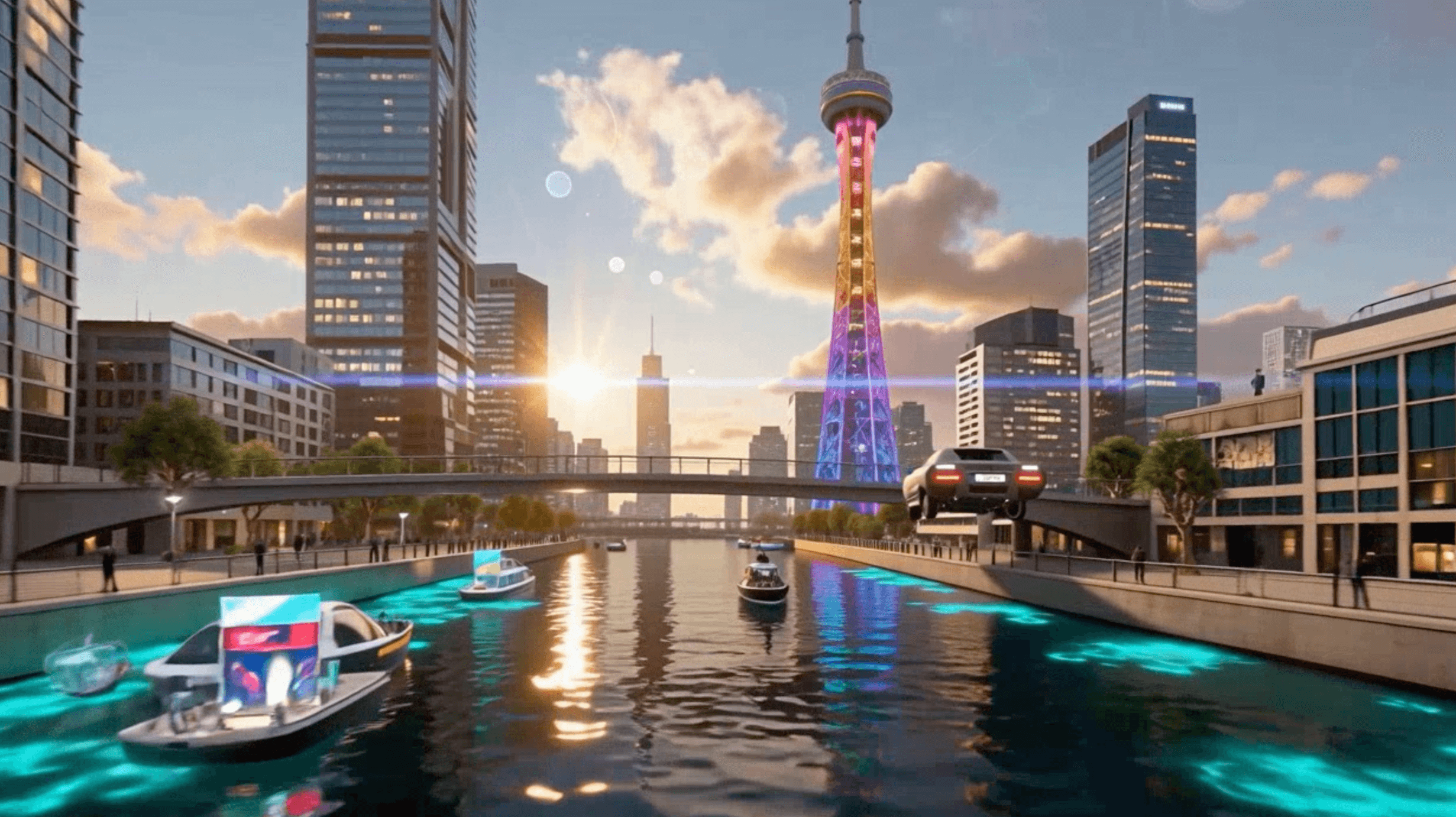 Seedance AI video generator concept: futuristic city, glowing river, flying car, and boats with ads. 2026 AI tech.