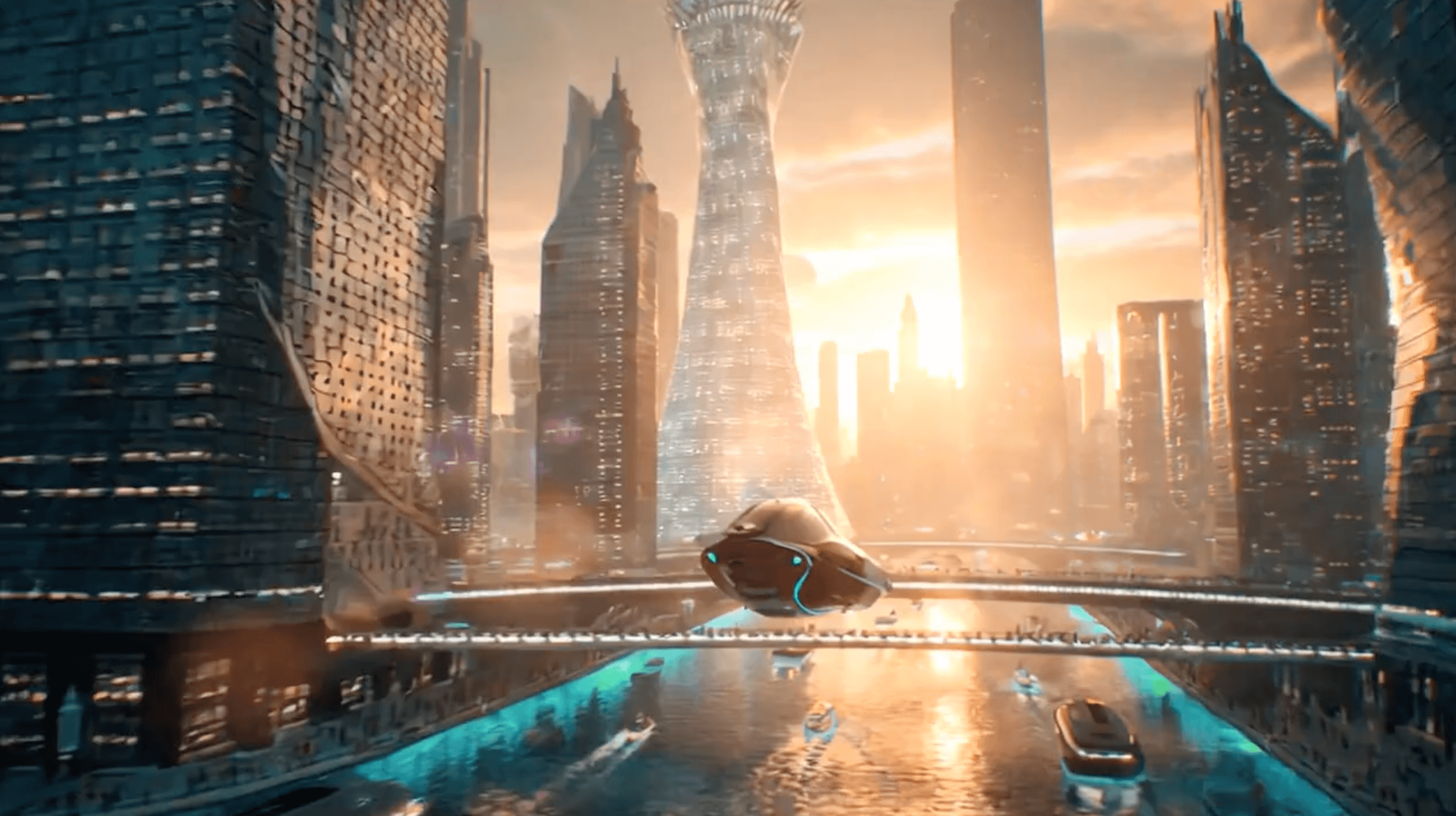 Veo-3: Futuristic city with flying vehicle, river, and modern buildings. AI video generator concept.
