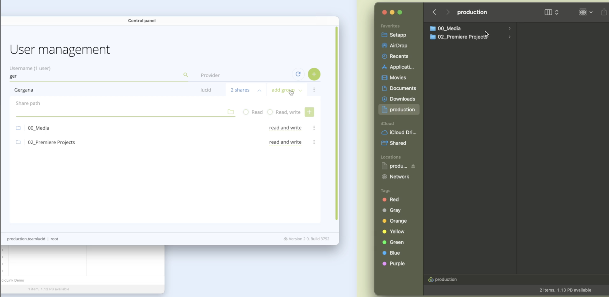 A control panel in LucidLink