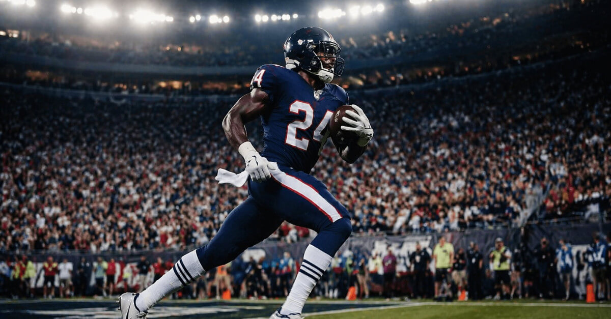 Football player #24 running with ball. Sports analytics can help analyze plays for winning decisions.