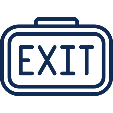 Blue exit sign with bold letters inside a rounded rectangular border.