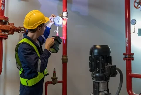 Worker in a yellow hard hat and reflective vest using a flashlight to check a pressure gauge on red industrial pipes.