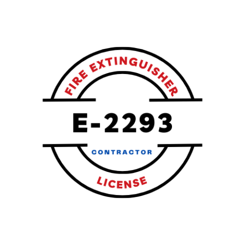 Fire extinguisher contractor license badge with license number E-2293 in black, red, and blue text.