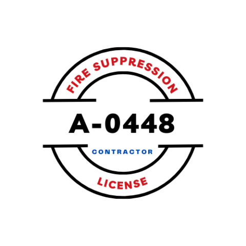 Circular badge with text 'Fire Suppression' and 'License' in red, 'Contractor' in blue, and 'A-0448' in bold black in the center.
