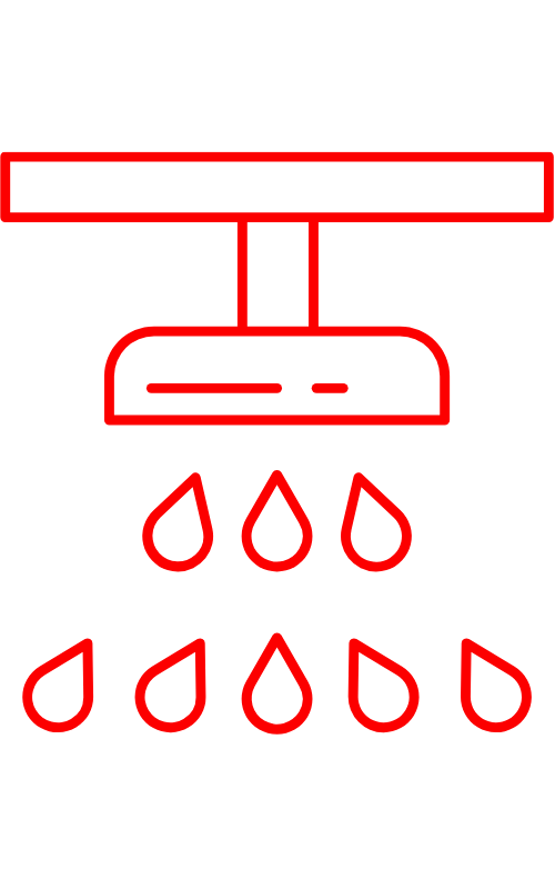 Red line icon of a fire sprinkler head with water droplets representing fire suppression.