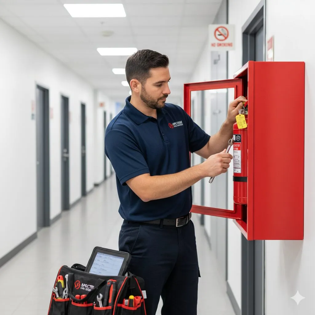Rows of red fire extinguishers with labels in a storage area and a person handling one extinguisher in the background.