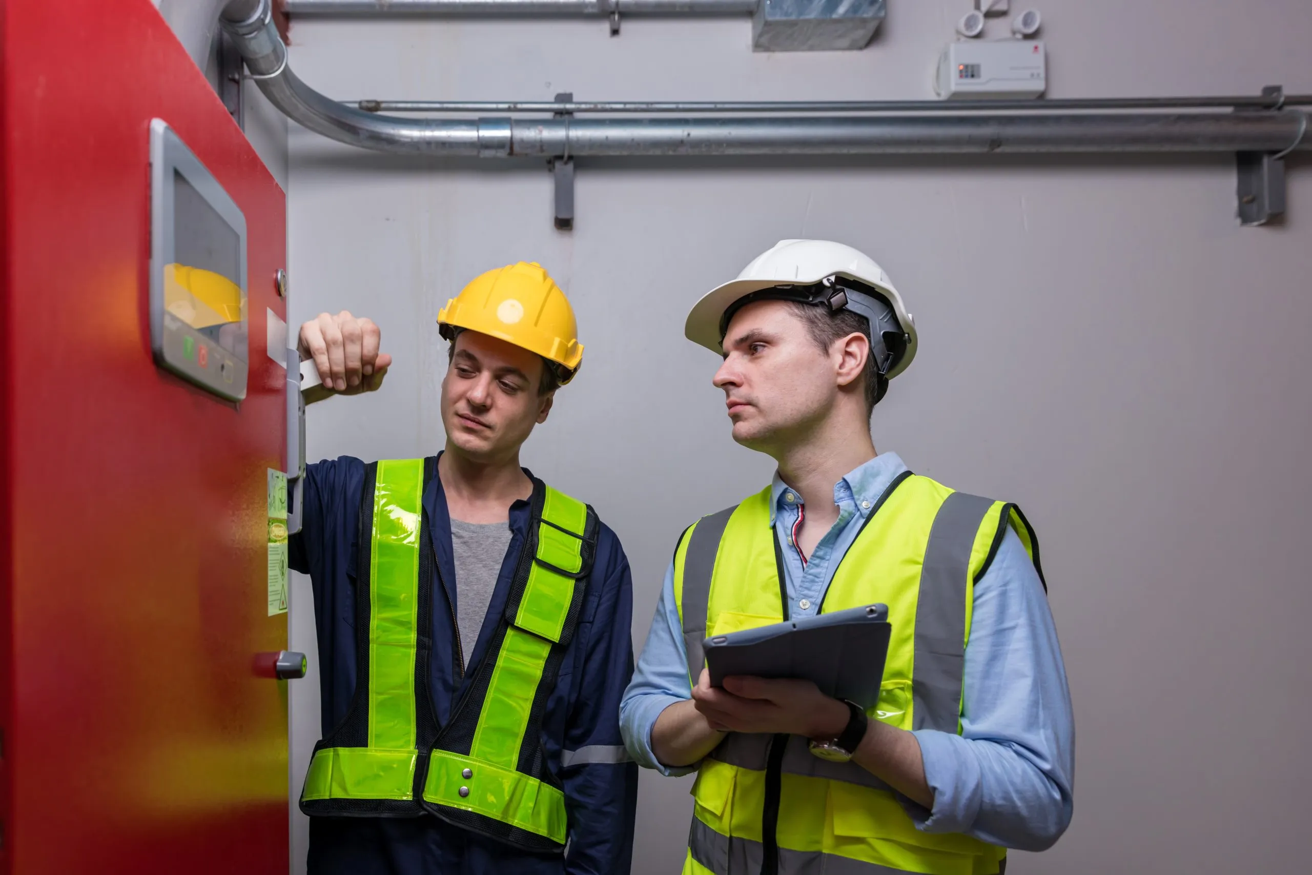 Person in navy shirt holding a red Amerex fire extinguisher with instruction label.