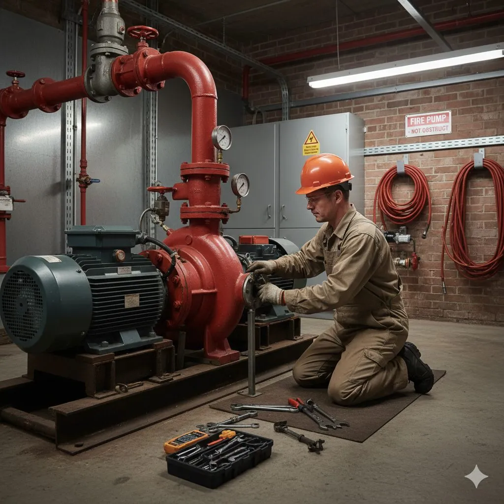 Person in navy shirt holding a red Amerex fire extinguisher with instruction label.