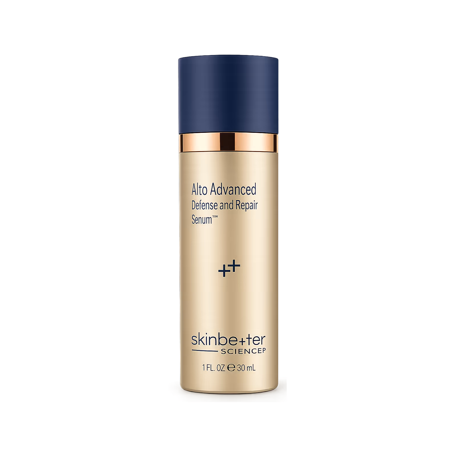 Bottle of Skinbetter Science Alto Advanced Defense and Repair Serum, 1 fl oz 30 mL, with a gold body and dark blue cap.