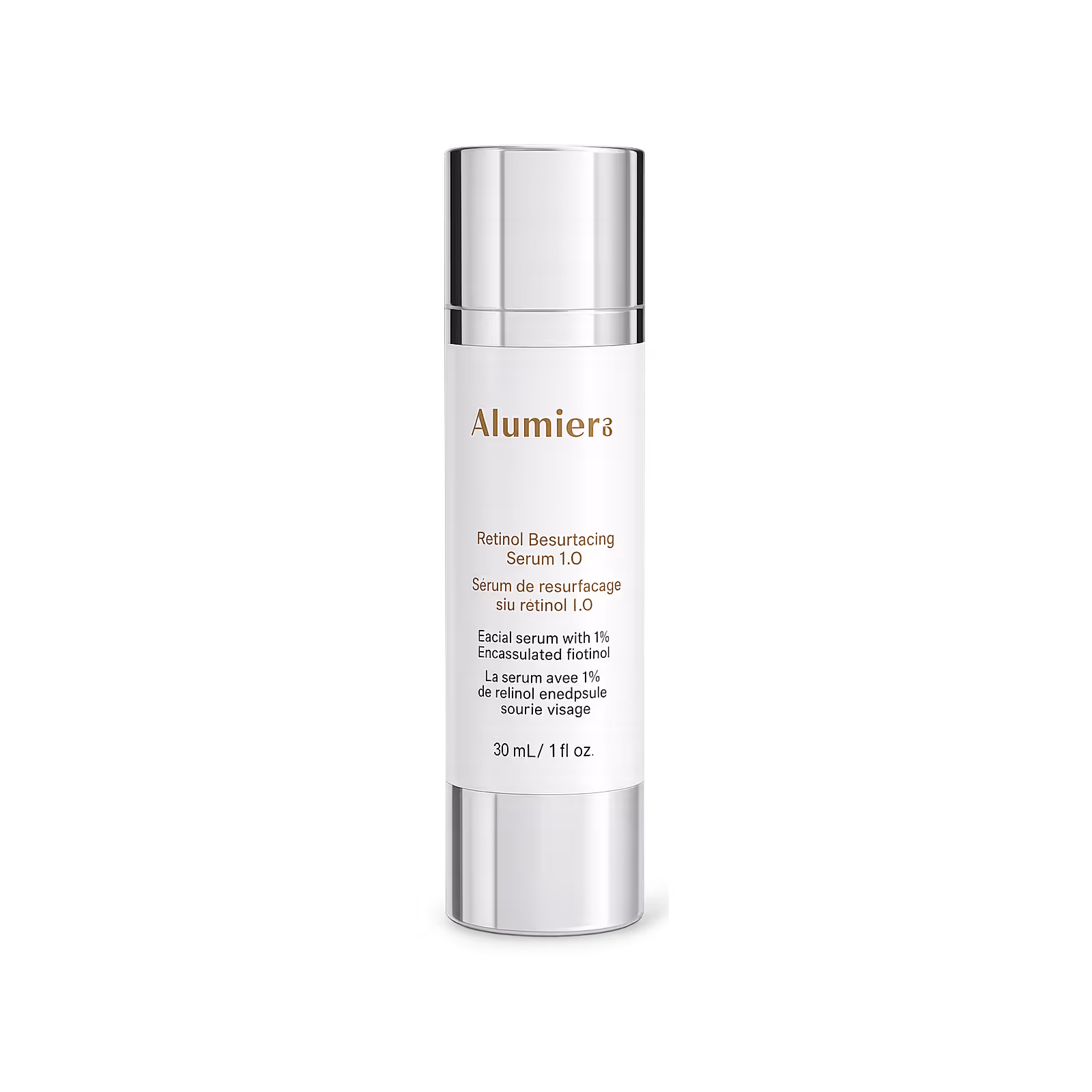 Bottle of Alumier3 Retinol Resurfacing Serum 1.0 with silver cap and base, 30 mL size.