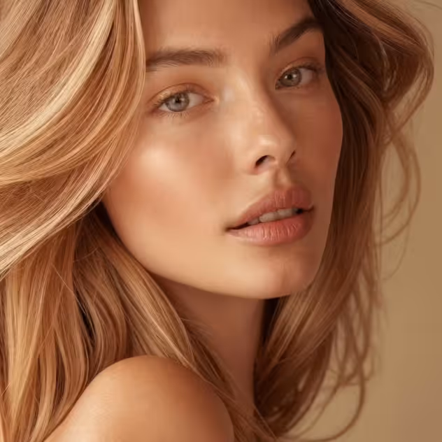 Close-up of a woman with smooth, light brown hair and natural makeup against a warm beige background.