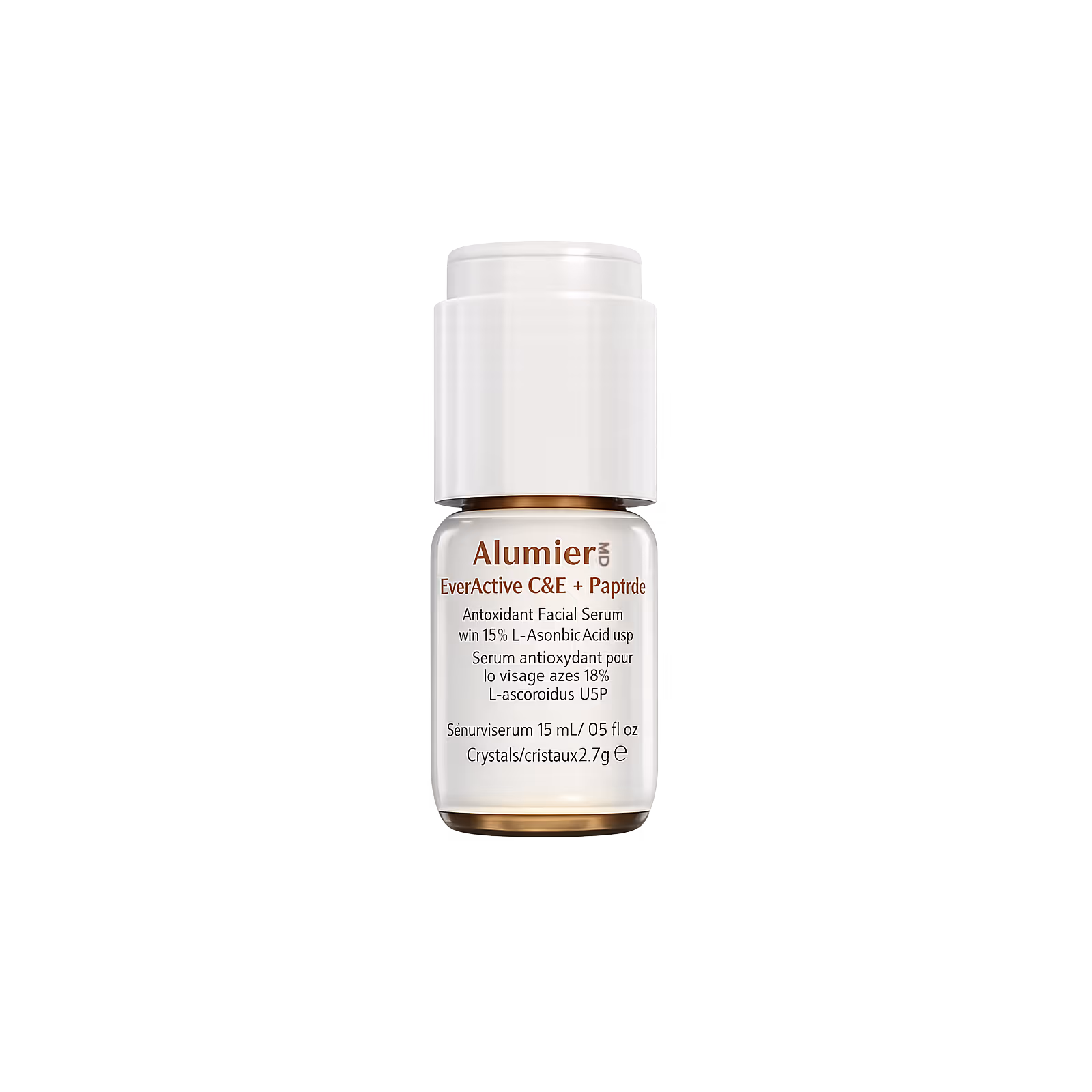Bottle of AlumierMD EverActive C&E + Peptide antioxidant facial serum with white cap and label.