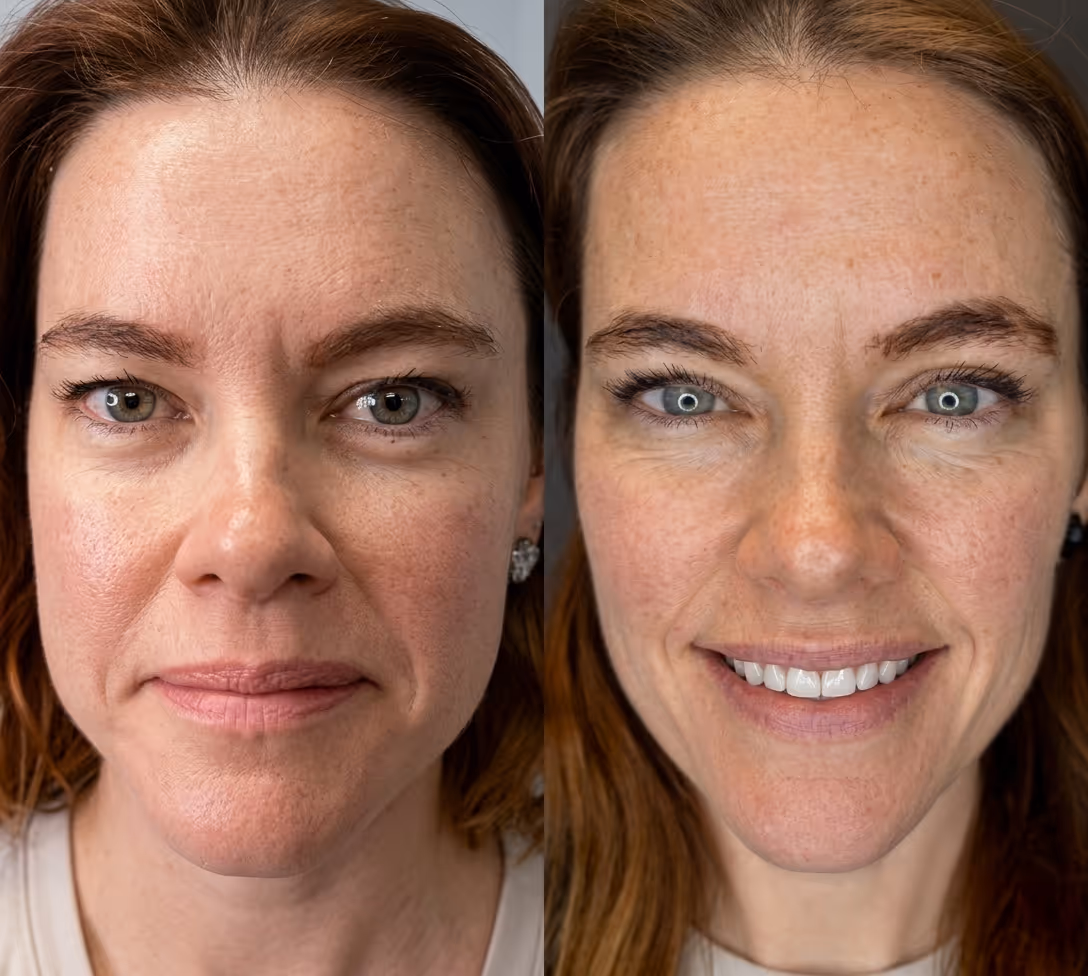 Side-by-side before and after portrait of a woman showing reduced wrinkles and improved skin smoothness with a subtle smile in the after image.