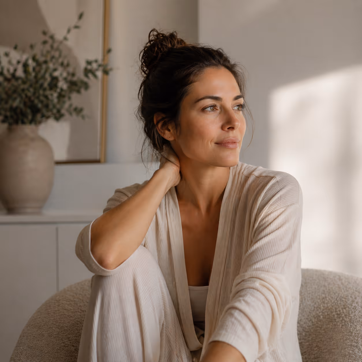 Relaxed woman with dark hair in a beige outfit sitting on a chair, looking thoughtfully to the side in a softly lit room.