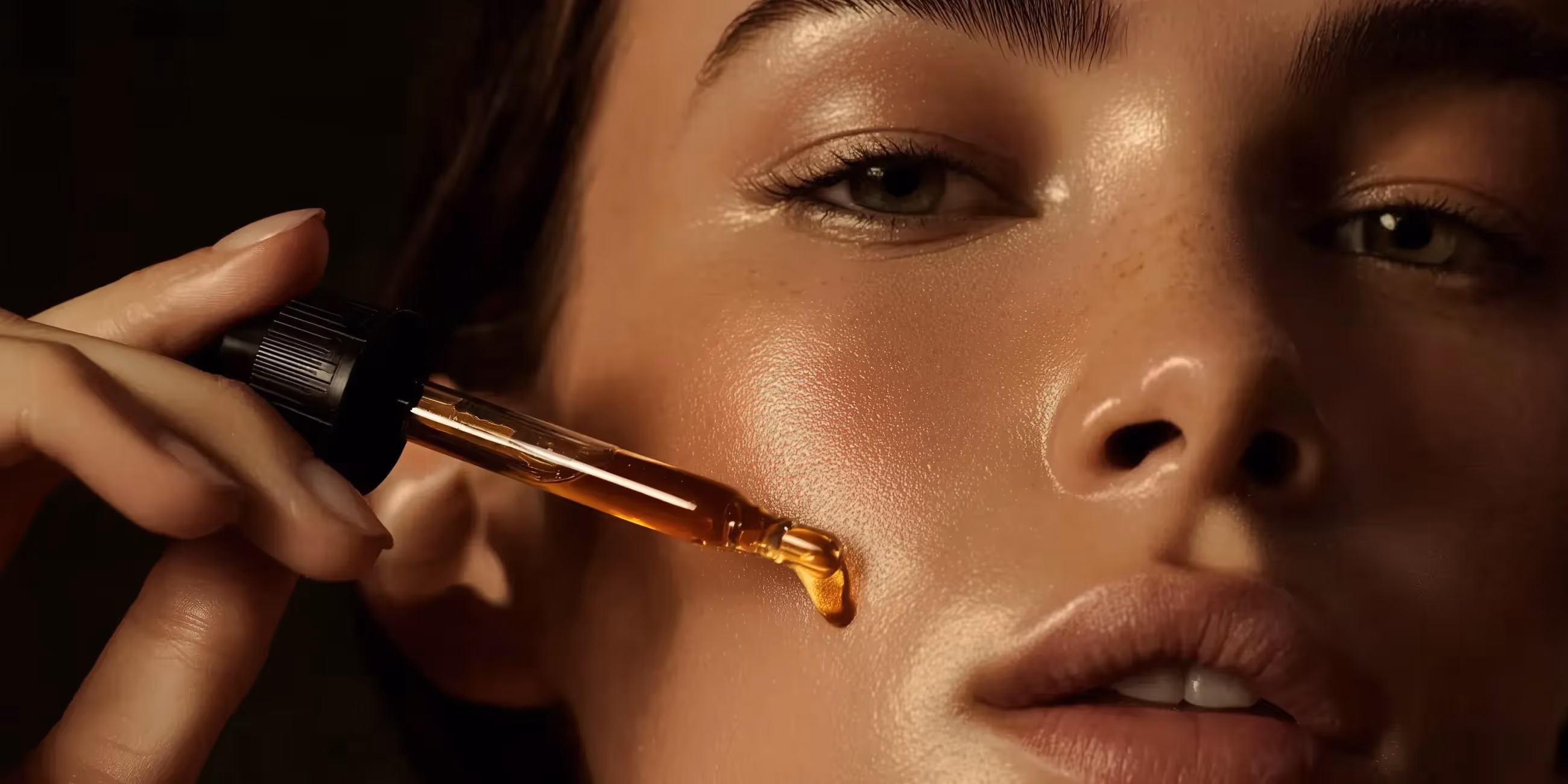 Close-up of a woman applying amber-colored facial serum with a dropper to her cheek.