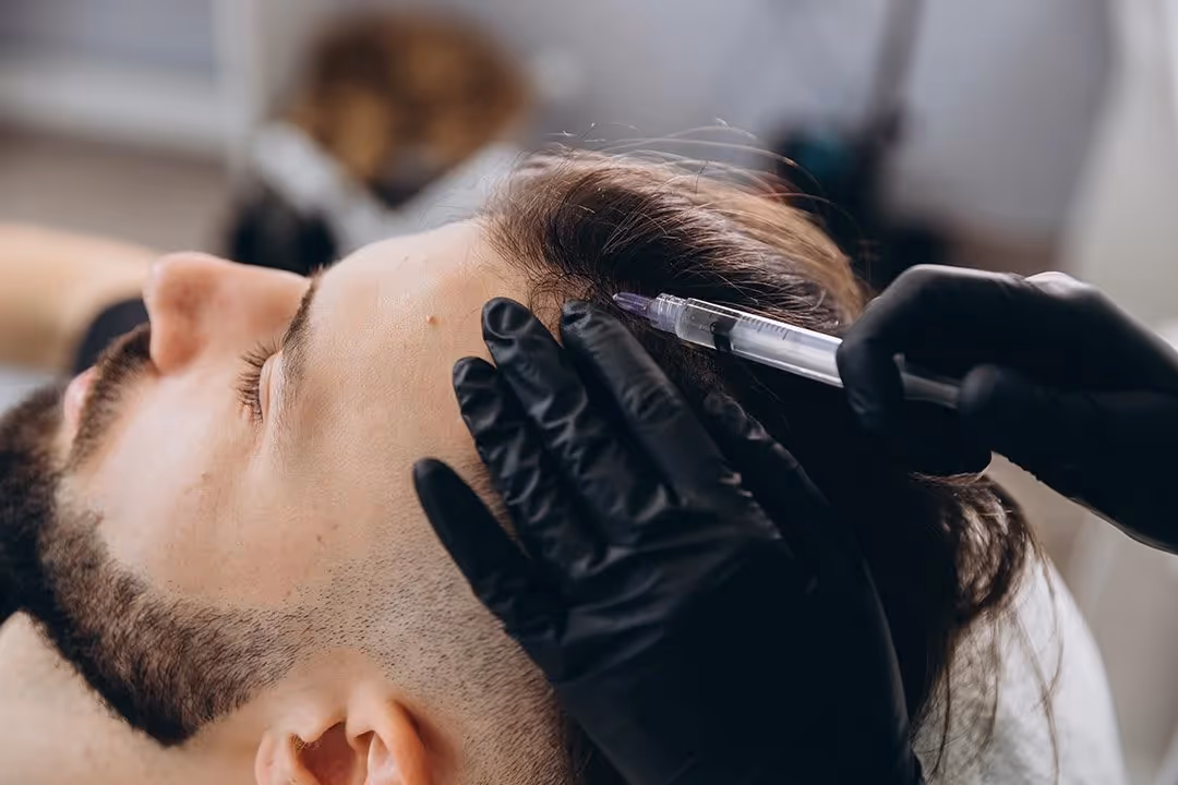 A man receiving a hair restoration injection on his scalp administered by a professional wearing black gloves.
