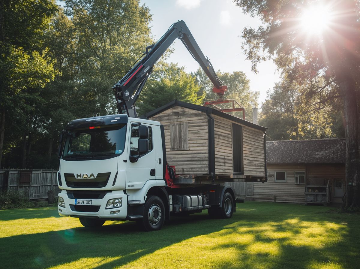 Hiab truck lifting a shed