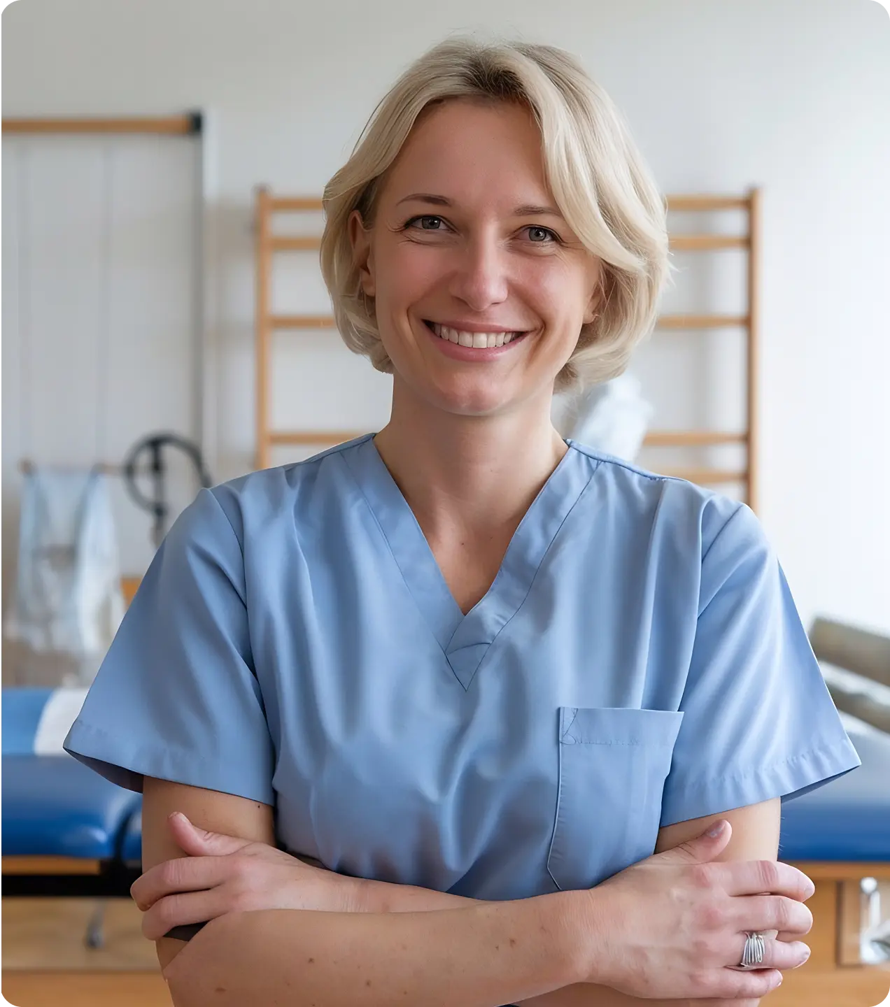 Smiling female healthcare professional in blue scrubs with arms crossed in a medical office.