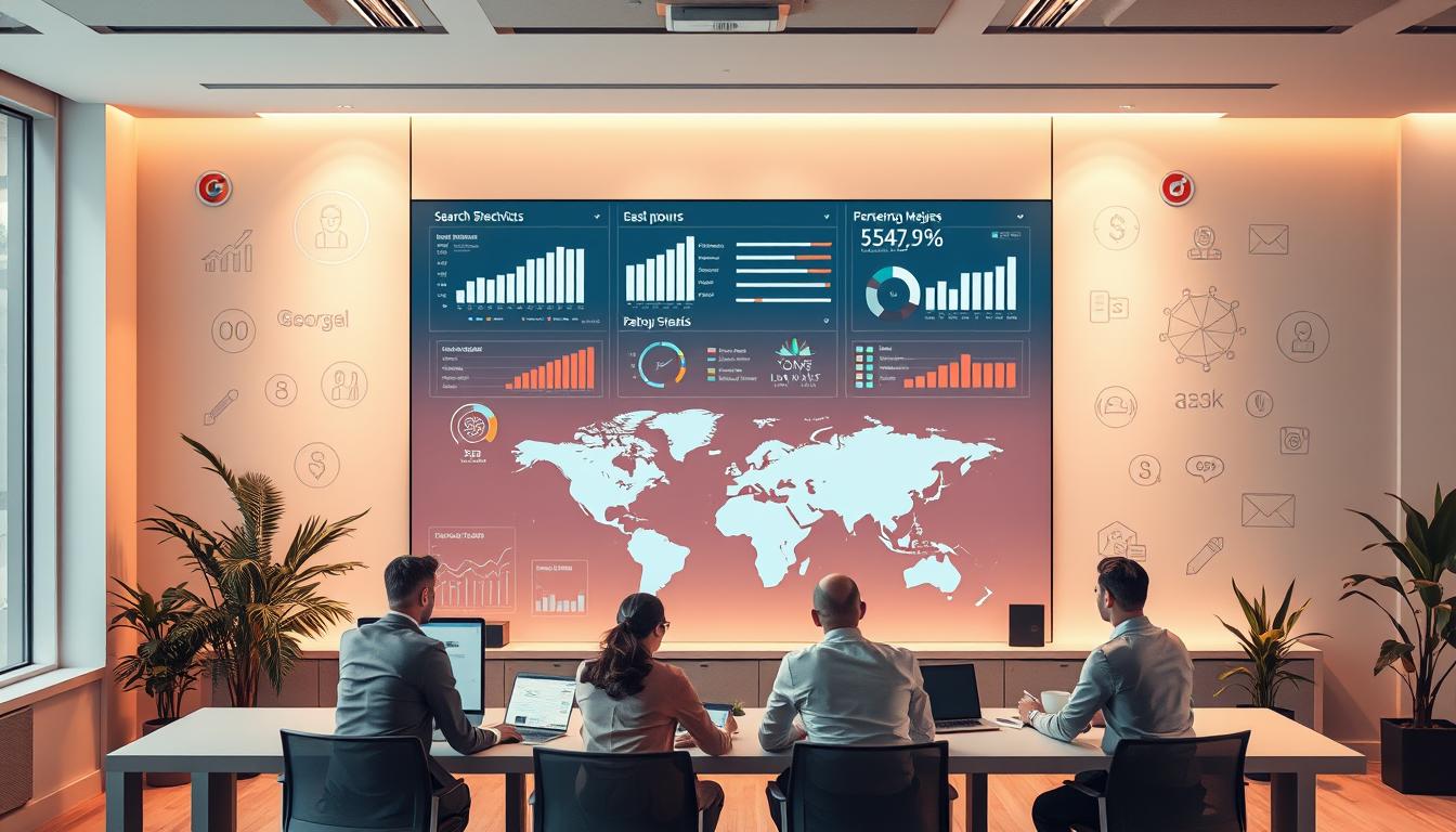 A visually captivating image of "off page SEO services" that aligns with the article's subject and section title. Showcase a sleek, modern office setting with a large monitor displaying relevant SEO metrics and data visualizations. In the foreground, a team of professionals collaborating, analyzing reports and strategizing effective off-page tactics such as link building, content syndication, and social media outreach. Mid-ground features a stylized world map, highlighting global reach and audience targeting. The background subtly incorporates search engine logos, ranking algorithms, and other technical SEO elements, conveying the technical expertise behind the services. Utilize warm, inviting lighting and a clean, minimalist aesthetic to evoke a sense of professionalism and reliability.