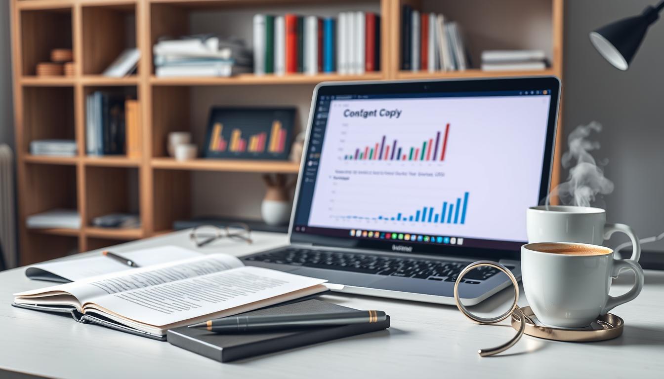 A finely-crafted desktop setup showcasing the key components of organic SEO content writing services. In the foreground, a laptop displays a minimalist document editor with a cursor blinking, ready to craft compelling copy. On the desk, a notebook, pen, and a stylized magnifying glass symbolize the research and optimization process. The middle ground features a monitor displaying colorful analytics charts, hinting at data-driven decisions. In the background, shelves hold industry-relevant books and a mug of steaming coffee, creating a cozy, productive atmosphere. Soft, directional lighting accentuates the scene, conveying a sense of focus and professionalism.