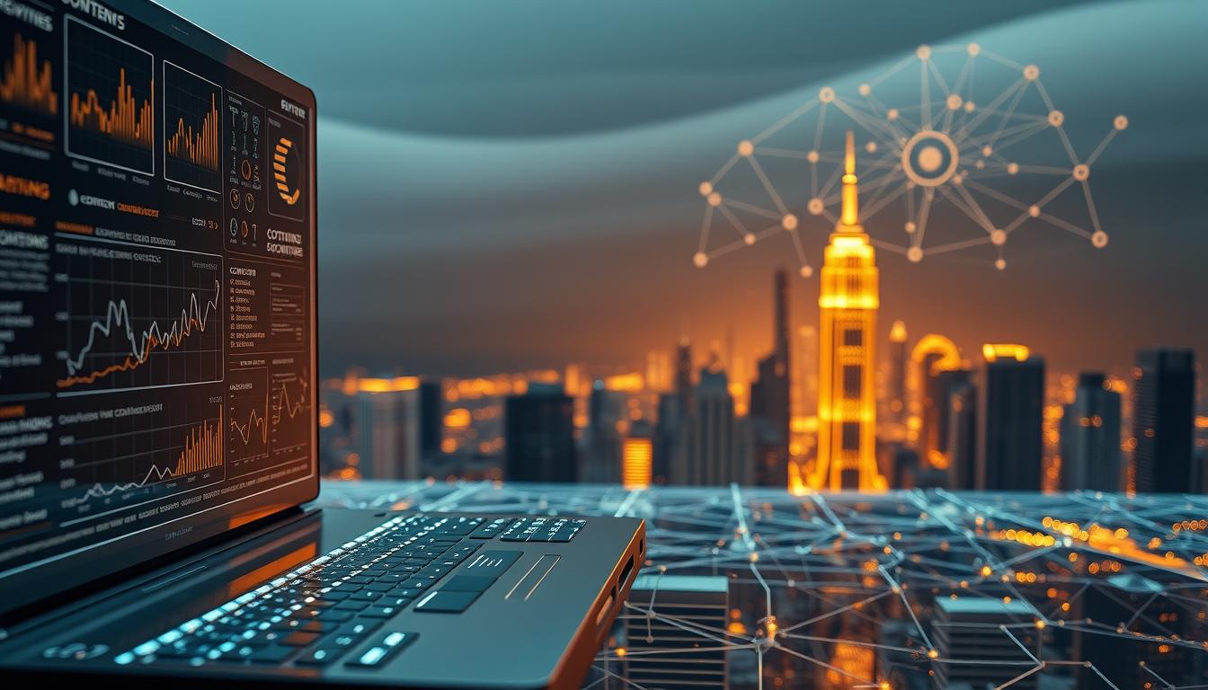 A detailed technical diagram showcasing the role of content in organic SEO. A sleek, metallic futuristic interface in the foreground, displaying various SEO metrics and analytics. In the middle ground, a complex web of interconnected nodes and data streams, representing the intricate network of content, keywords, and search engine algorithms. The background features a minimalist cityscape, bathed in a warm, golden glow, symbolizing the organic growth and visibility achieved through effective content optimization. Cinematic lighting, with dramatic shadows and highlights, creates a sense of depth and technological sophistication. The overall composition conveys the power of well-crafted, SEO-driven content to drive online success.