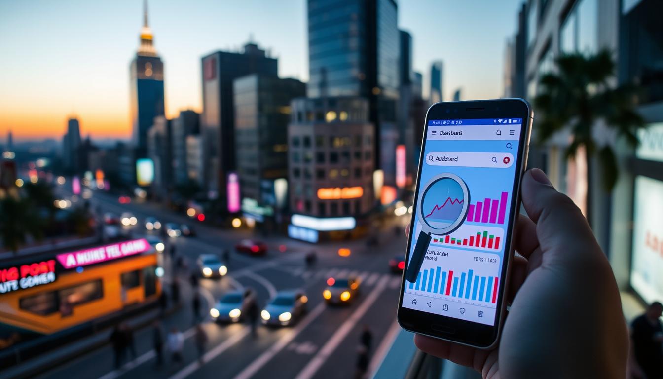 A dynamic cityscape at dusk, with a sleek mobile device at the center, its screen showcasing a vibrant mobile SEO dashboard. In the foreground, a stylized magnifying glass icon symbolizes the importance of search engine optimization. The middle ground features a bustling street scene, with people walking, cars passing, and neon signs illuminating the night. The background gradually fades into a hazy skyline, hinting at the interconnected digital landscape. The overall mood is one of technological progress, urban energy, and the growing significance of mobile-first SEO strategies for small businesses.